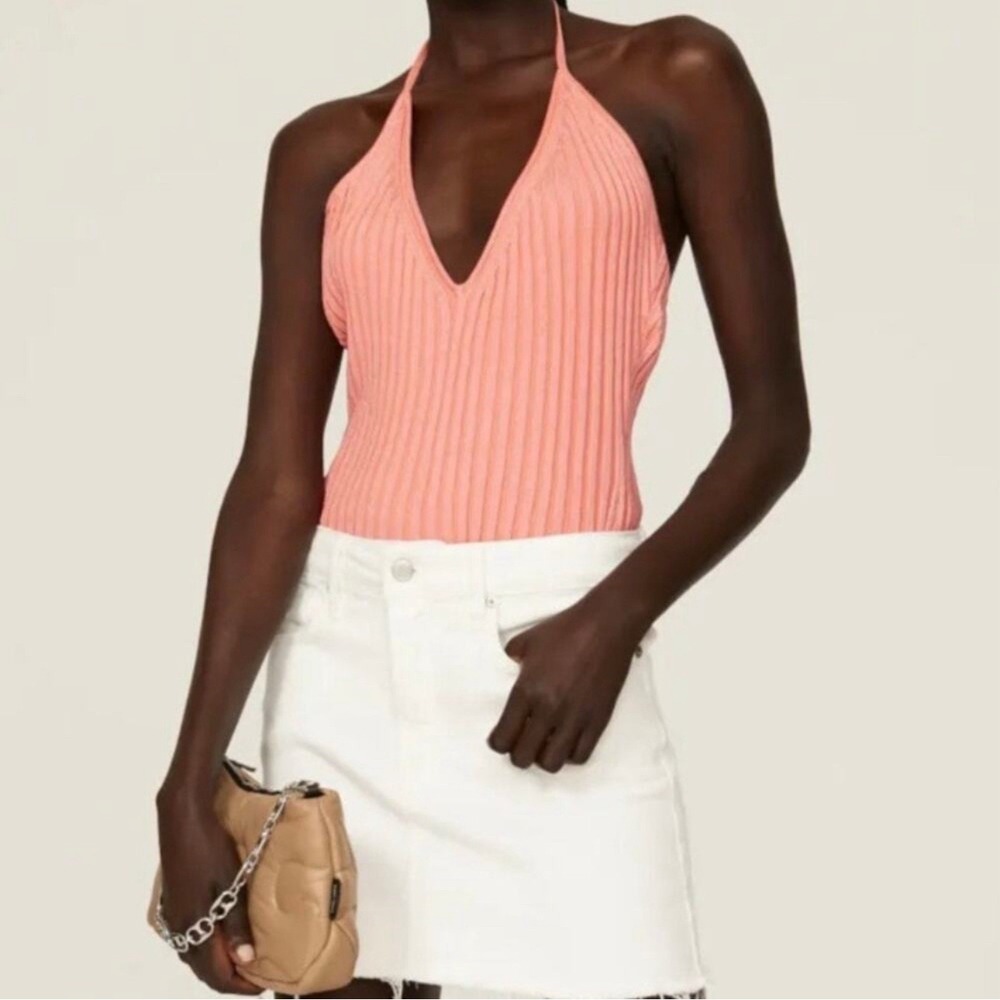 GAUGE81 Moura Plunge Top Women Small Ribbed Knit Halter Coral‎ Viscose Blend